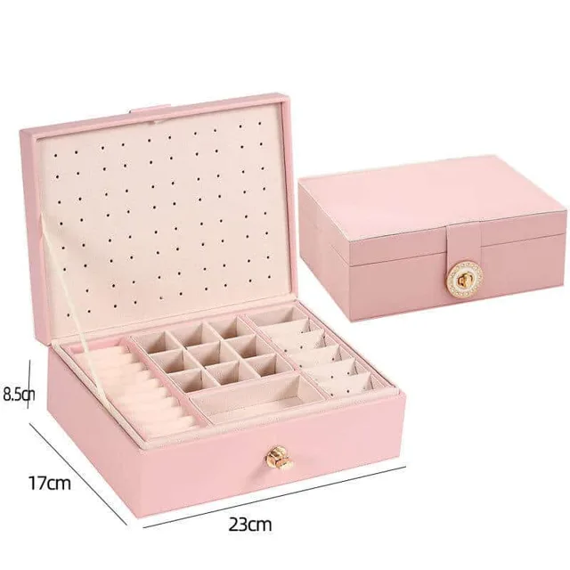 Pink two-layer jewelry case open with its size diagram
