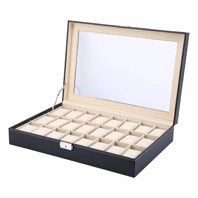 Black watch box open showing twenty-four cushion slots