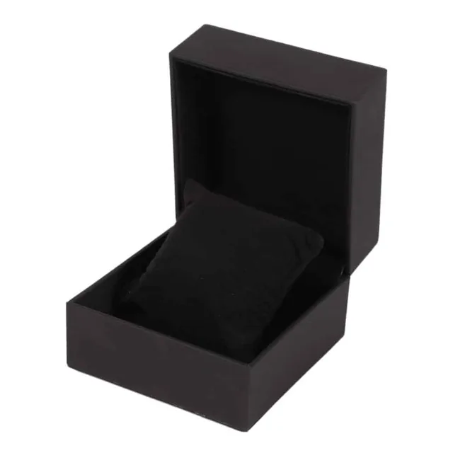 Black watch box lid open showing an empty black interior