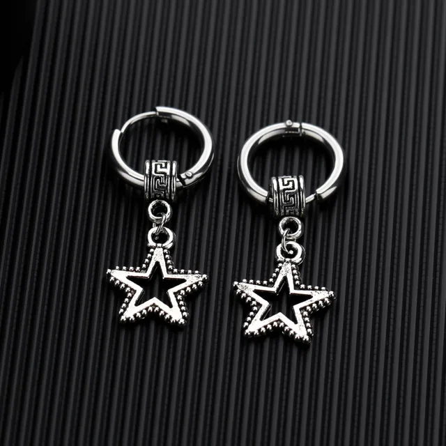 Silver star hoop earrings, close view