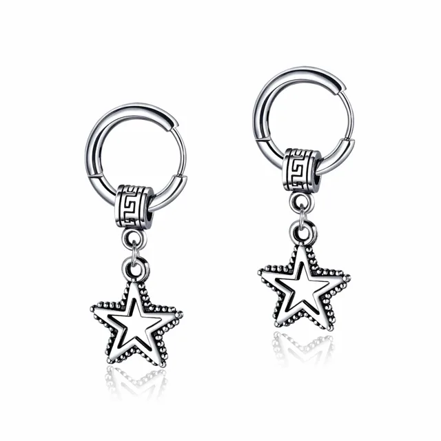 Pair of silver star hoop earrings on a white background