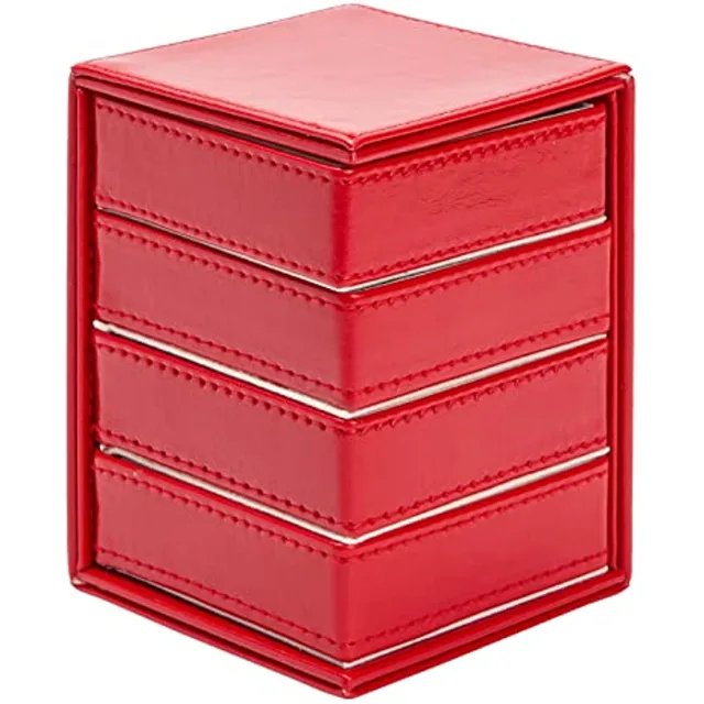 Red stacked-drawer jewelry tower, straight-on view