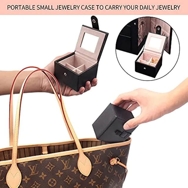 Infographic showing the mini travel case beside a handbag