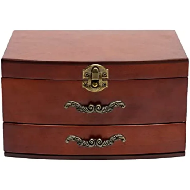 Vintage wooden chest closed, front view, with a metal lock