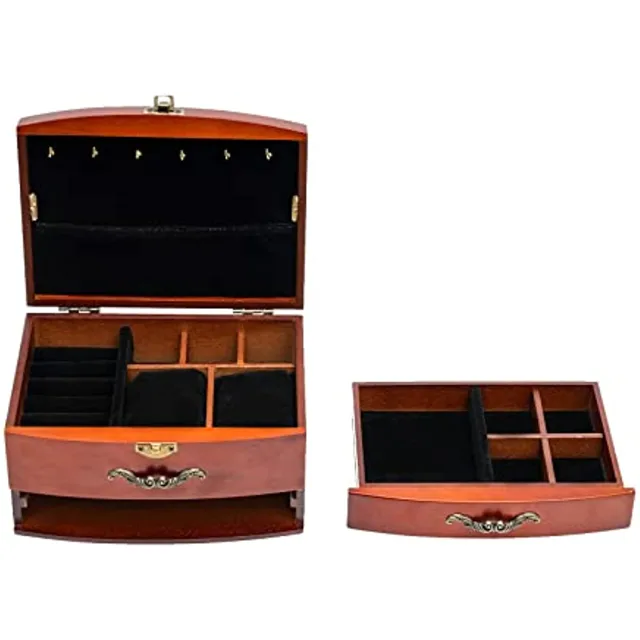 Wooden chest open showing the divided tray and ring drawers