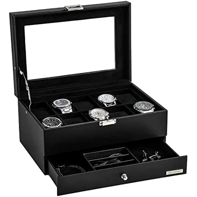 Black watch and jewelry box styled on a dark background