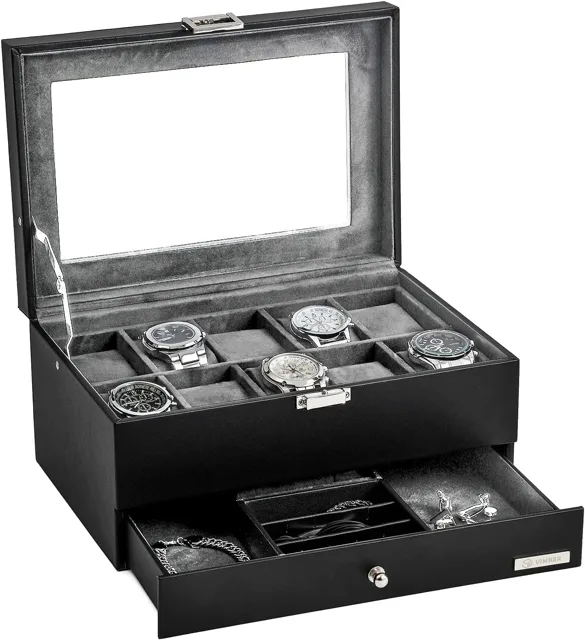 Black watch box with the lid open on a white background