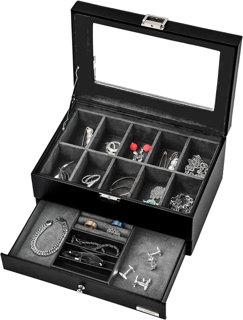Black watch box open with the drawer slid halfway out