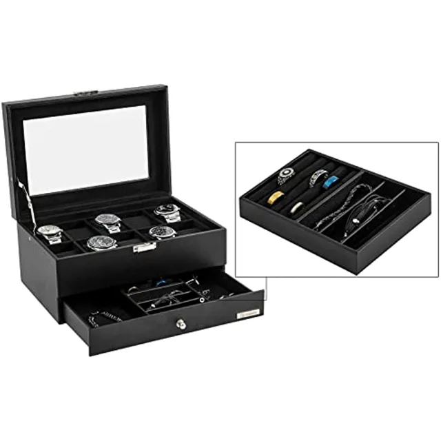 Black storage box shown closed and open side by side