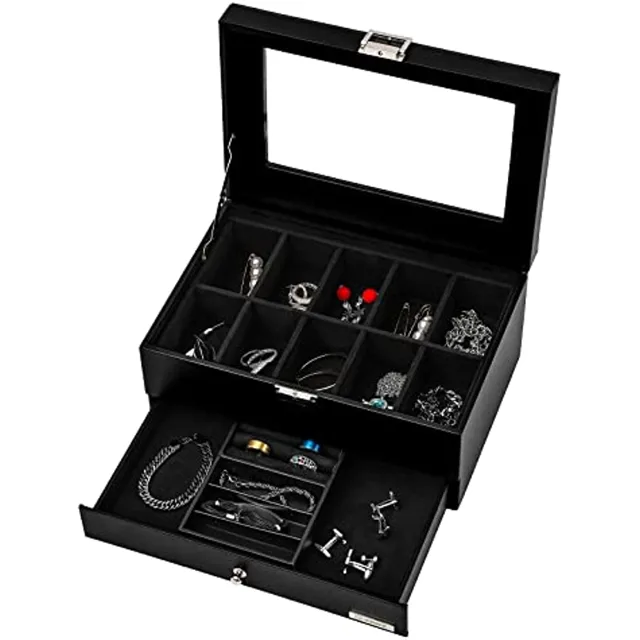 Black watch box open with the jewelry drawer visible