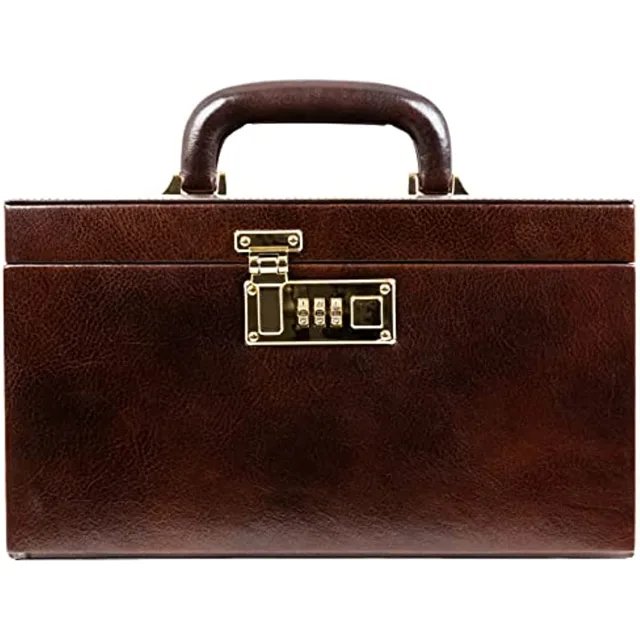 Brown jewelry chest closed showing the top handle