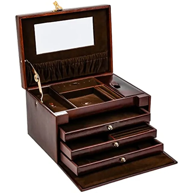 Brown leather jewelry chest open with drawers and mirror
