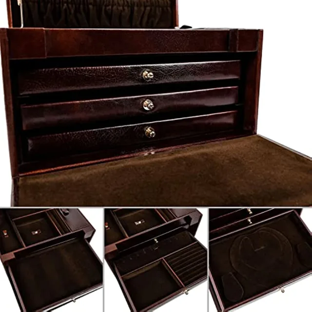 Brown jewelry chest interior showing divided drawers