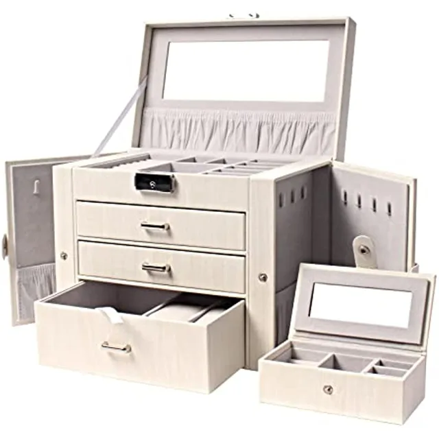 White three-drawer jewelry box open with trays and side panels