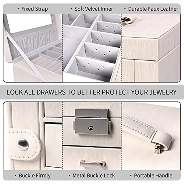 Infographic showing the fixed strap, velvet lining and drawer locks