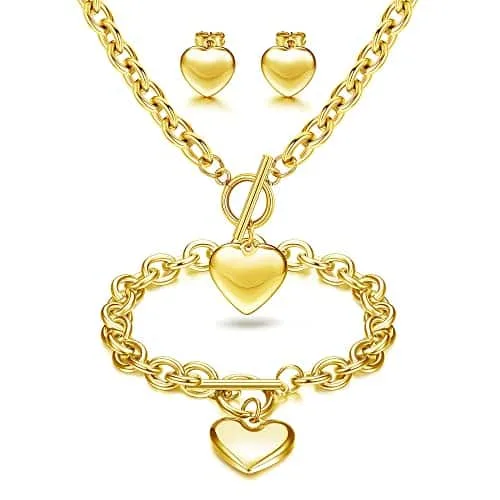 Gold heart necklace, bracelet and stud earrings set
