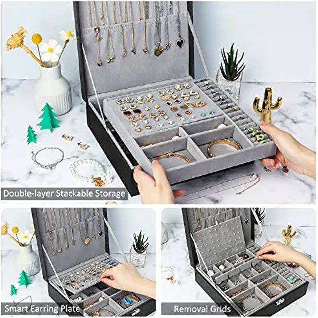 Grey stackable jewelry box styled with holiday decor