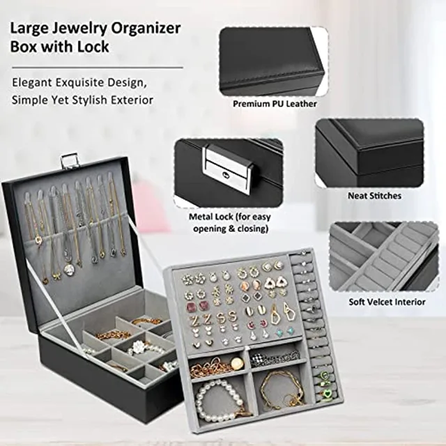 Infographic presenting the large jewelry organizer box with lock