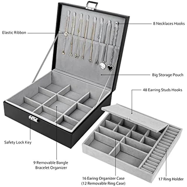 Black stackable jewelry box infographic labeling the storage zones