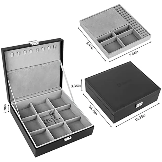 Grey jewelry box dimension diagram with closed and open views