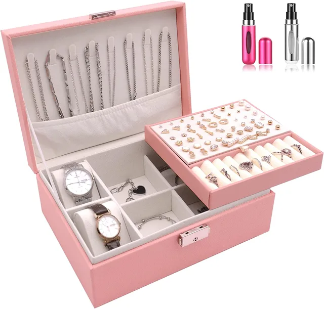 Pink two-tier jewelry case open with a perfume spray set