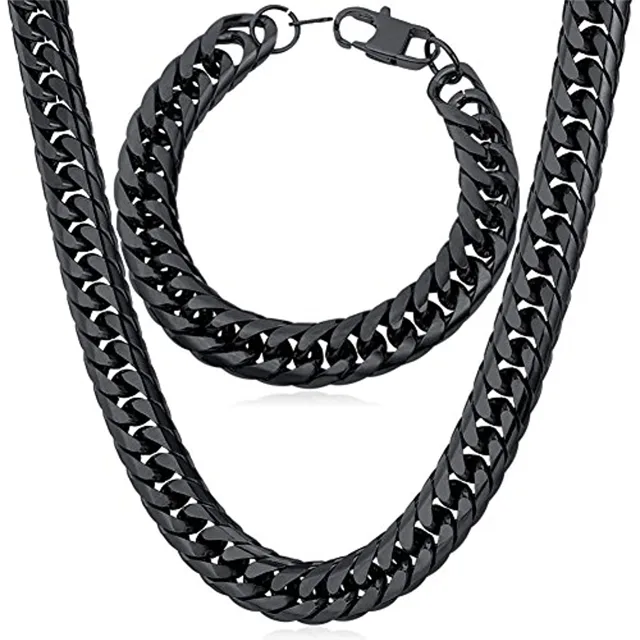 Black Cuban link necklace and bracelet set with a box clasp