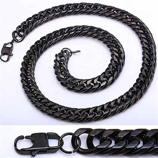 Black Cuban link necklace coiled with the clasp in view