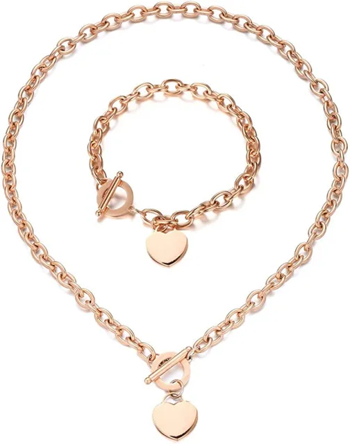Rose gold heart pendant necklace and bracelet set with OT clasps