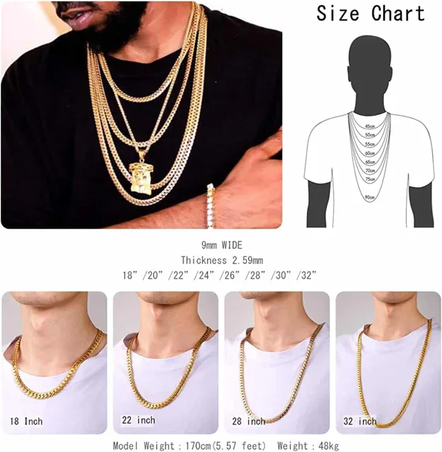 Chain length size chart comparing necklace drop lengths on a model