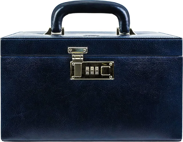Navy leather jewelry chest closed, front view