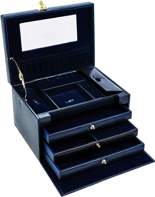 Navy jewelry chest open with mirror and drawer extended