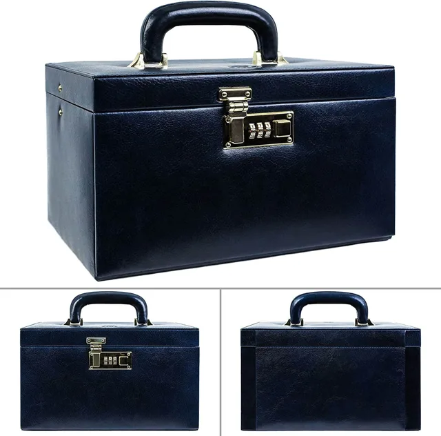 Navy jewelry chest closed showing the top handle