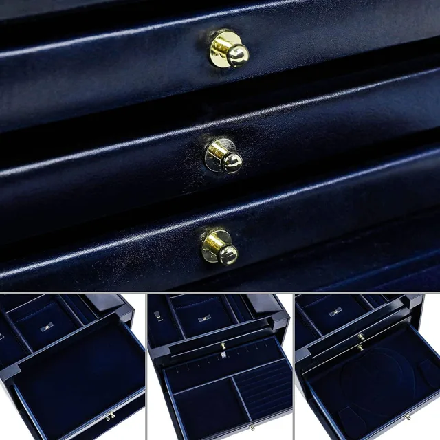 Navy chest drawers open showing ring slots and dividers