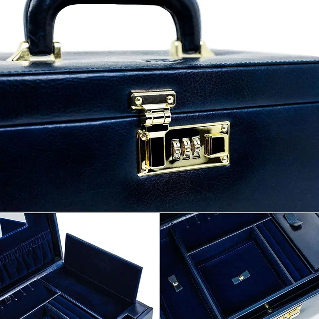 Navy chest close-up showing the lock and velvet drawers