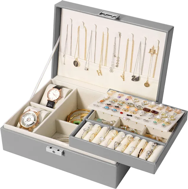 Grey two-layer jewelry box open with watch slots visible