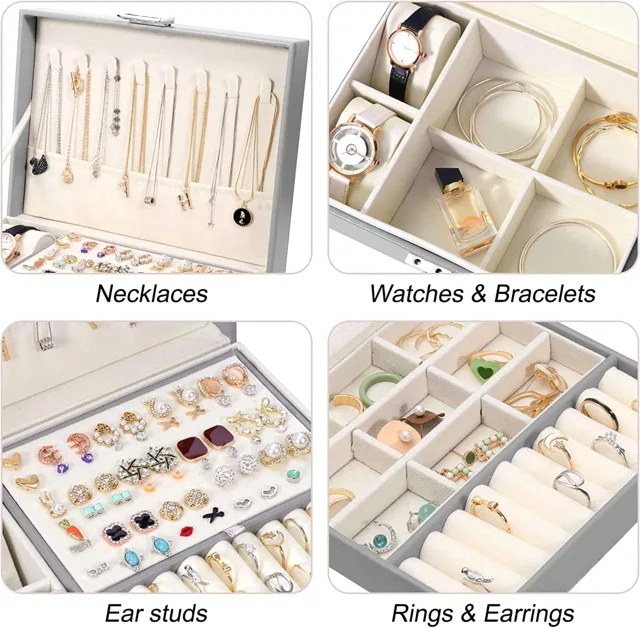 Infographic sorting necklaces, watches, studs and rings by tray