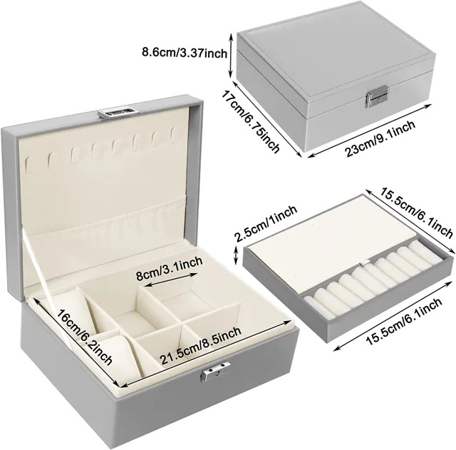 Grey jewelry box dimension diagram marking each layer height