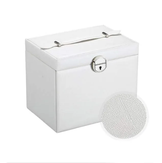 White portable jewelry box closed with a round clasp