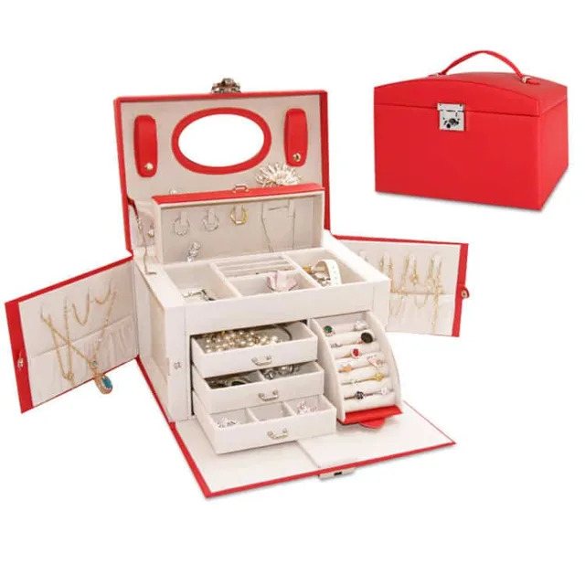 Red multi-tier jewelry cabinet open with trays extended