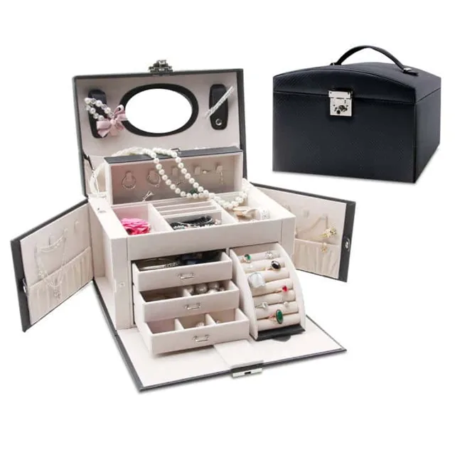 Black multi-tier jewelry cabinet open with hanging hooks