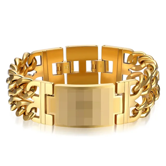 Gold watch-band bracelet laid flat on white