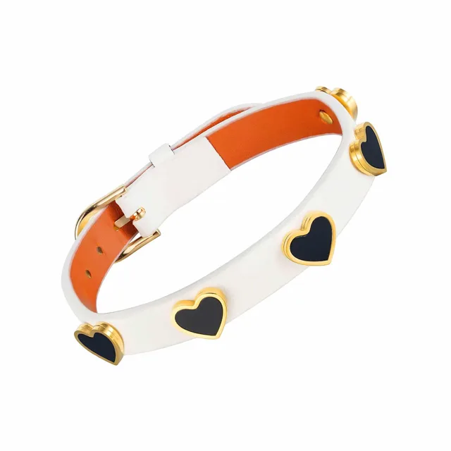White leather bracelet with black heart studs