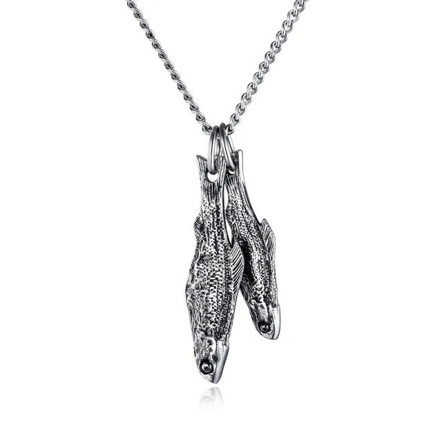Silver fish pendant on a box chain, front view
