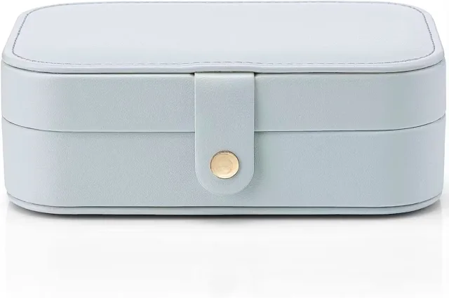 Pale blue travel jewelry box closed, front view