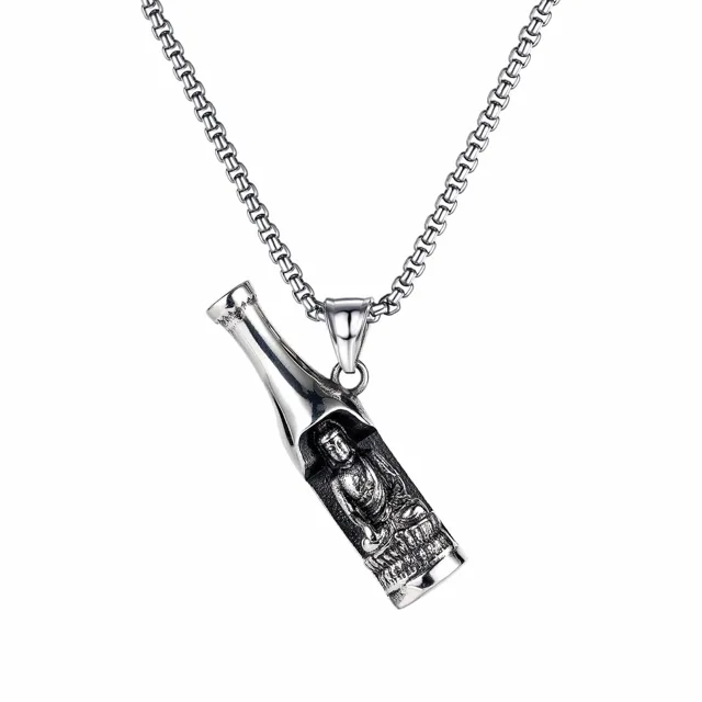 Silver bottle pendant on a box chain, front view