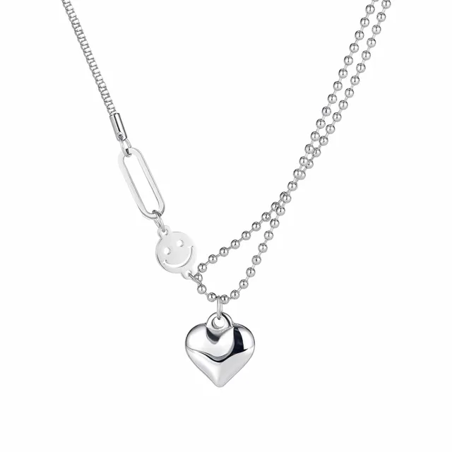 Silver double-chain necklace with a puffed heart drop