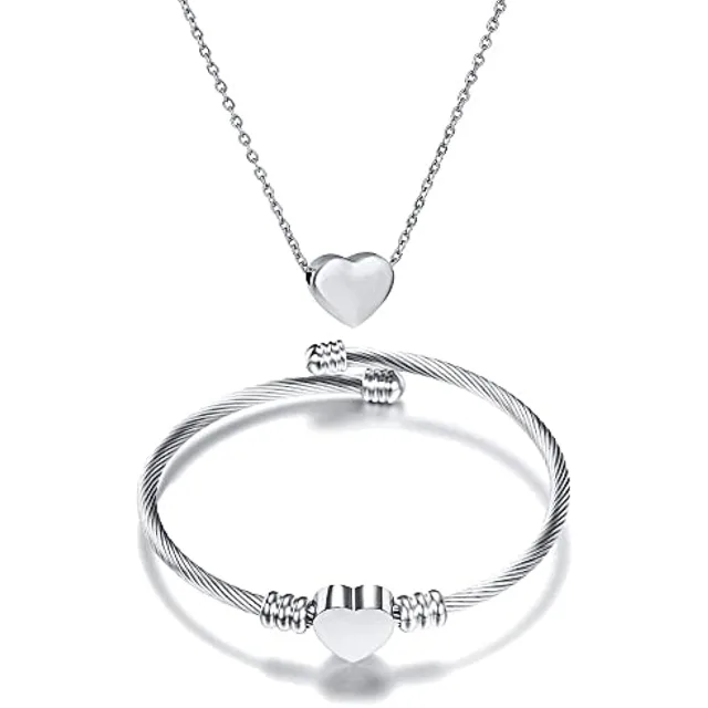 Silver heart bracelet and necklace set with heart pendants