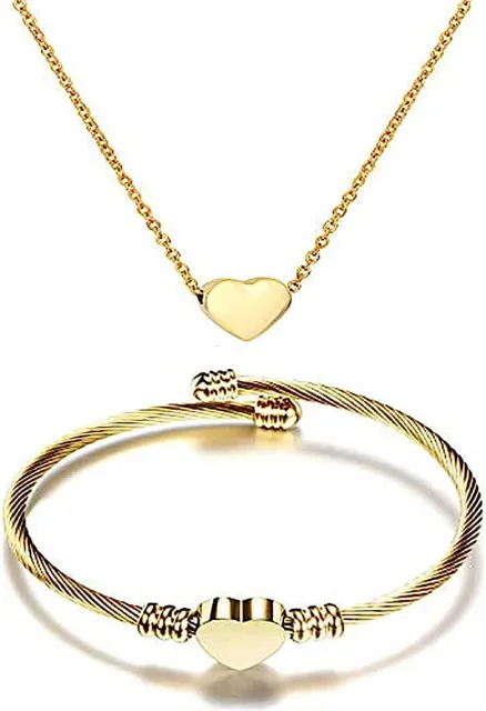Gold heart bracelet and necklace set with blank hearts