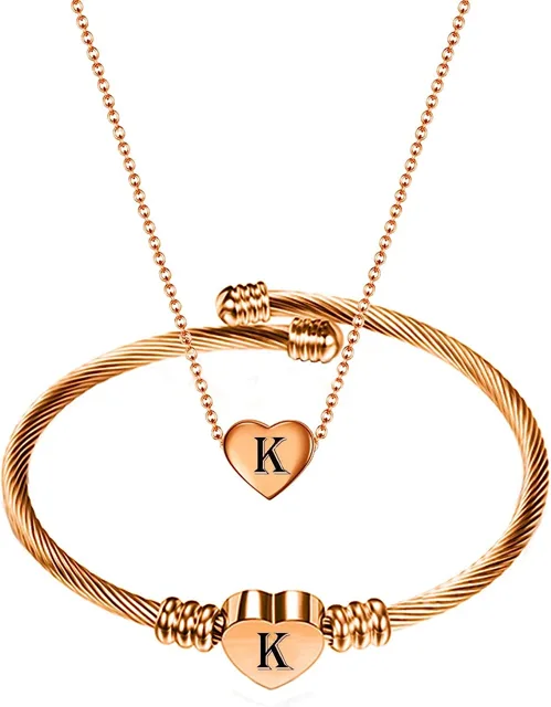 Rose gold heart bracelet and necklace set with initial pendants