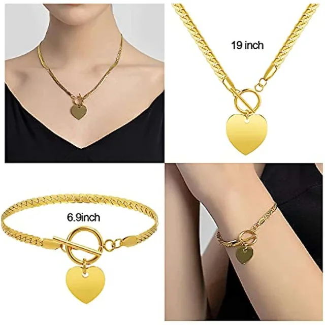 Model wearing the gold heart necklace, 19 inch mark